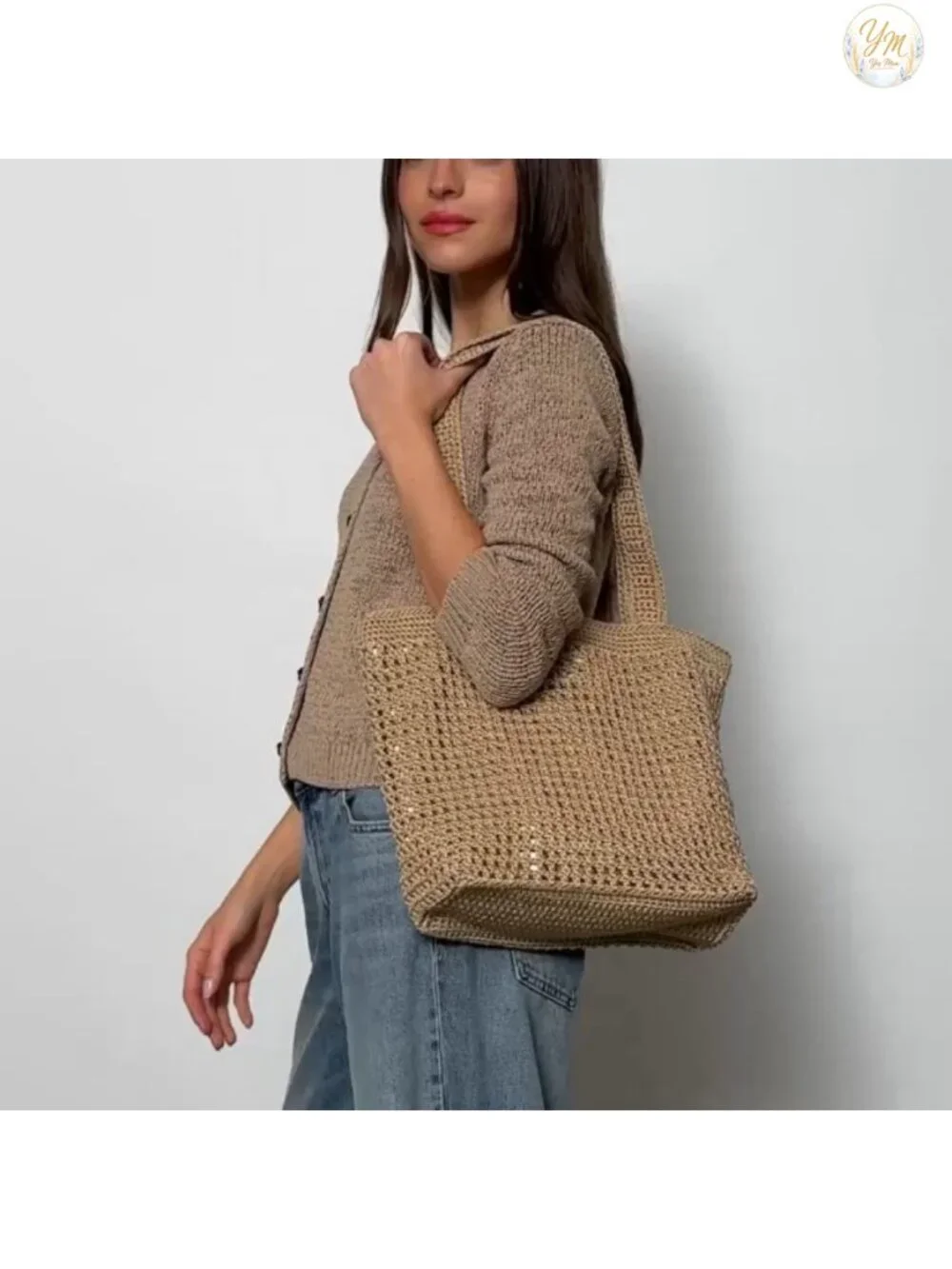 Hand Crochet Tote Bag with Double Shoulder Straps, Recycled Lining, Roomy